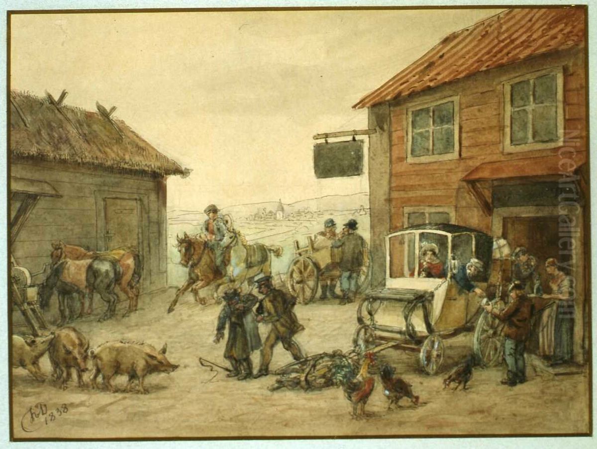 En skjutsbonde blir utskalld och en kommer med sina hastar. Oil Painting by Fritz Von Dardel