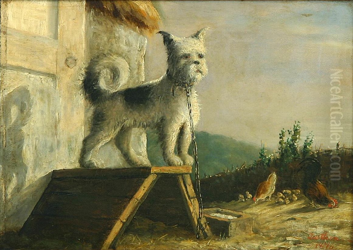 Scenery with dog, hens and chickens. Oil Painting by C.O. Zeuthen