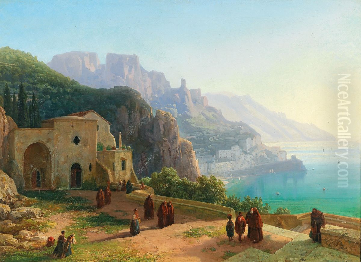 A view of the Amalfi coast near Ravello Oil Painting by Thomas Ender