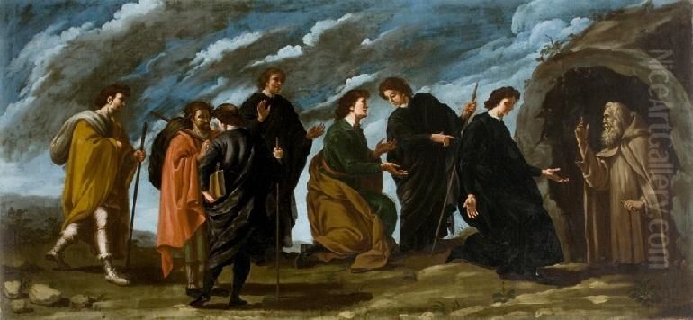 Encuentro de San Bruno y sus seis companeros con el ermitano Oil Painting by Manuel Bayeu