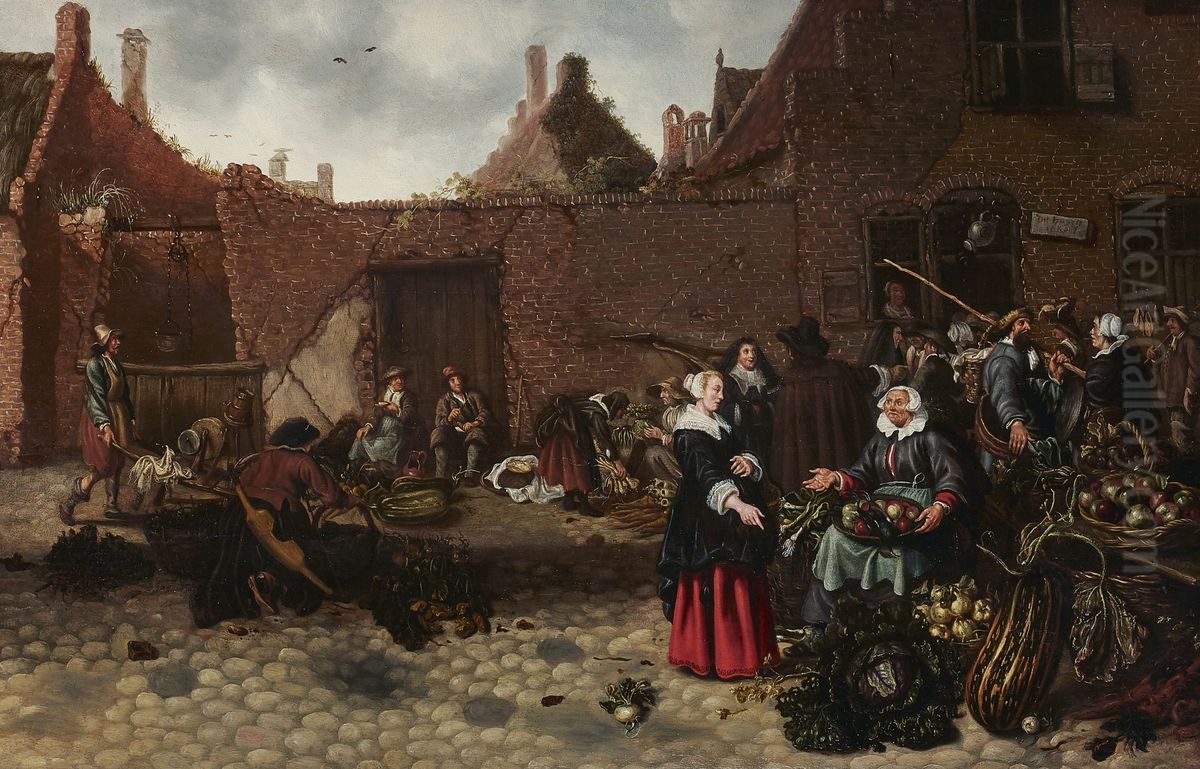 A Vegetable Market Oil Painting by Sybrand Van Beest