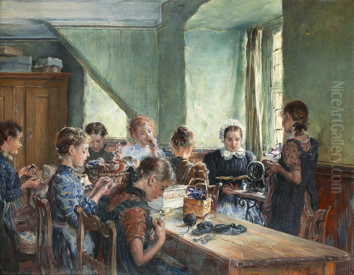 A Sewing Lesson / Sewing Hour Oil Painting by Otto Piltz