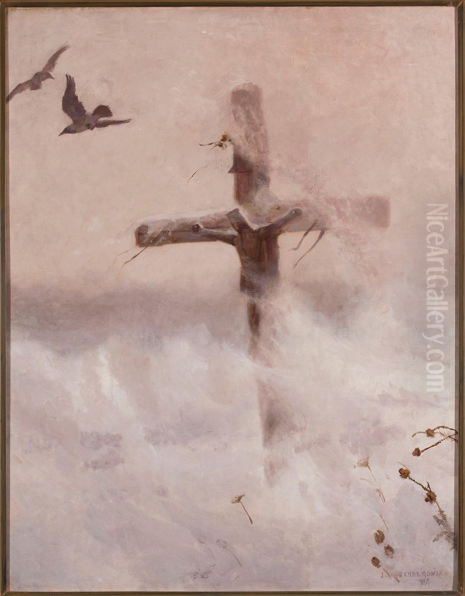 Krzyz w zadymce Oil Painting by Jozef Chelmonski