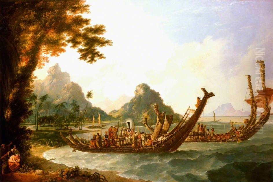 The War-Boats of the island of Otaheite (Tahiti), and the Society Islands, with a View of part of the Harbour of Ohameneno (Haamanino), May 1774. Oil Painting by William Hodges