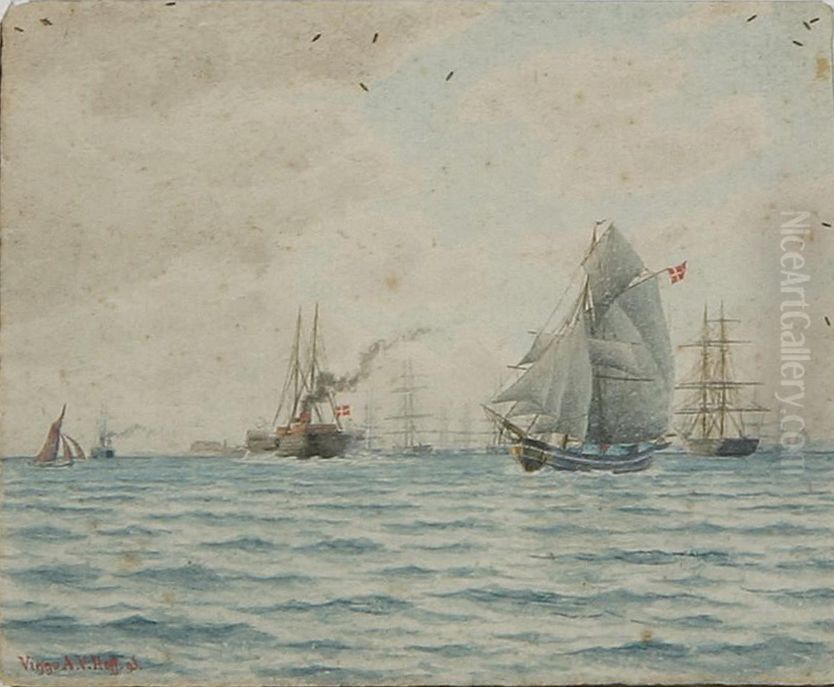 Ships at the roads of Copenhagen. Oil Painting by Viggo A. Hoff