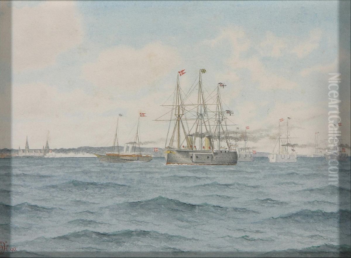 A German squadron at Kronborg. Oil Painting by Viggo A. Hoff