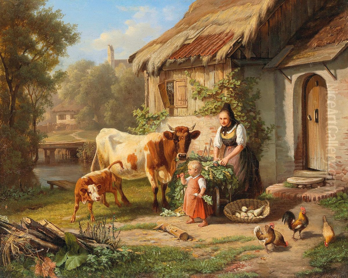 Landliche Idylle Oil Painting by Johann Baptist Hofner