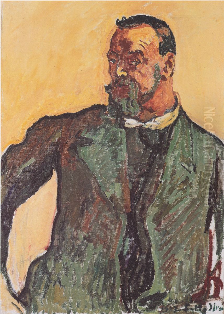 Selbstbildnis mit grunem Kittel Oil Painting by Ferdinand Hodler
