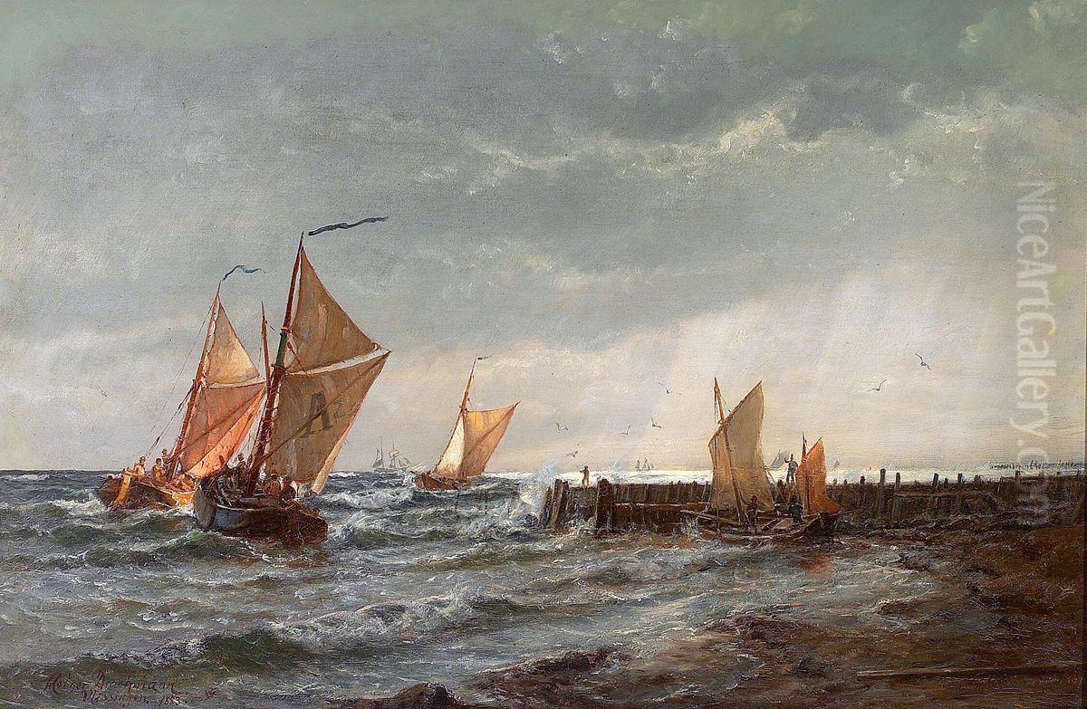 Fishing boats off the coast at Vlissingen. Oil Painting by Holger Drachmann