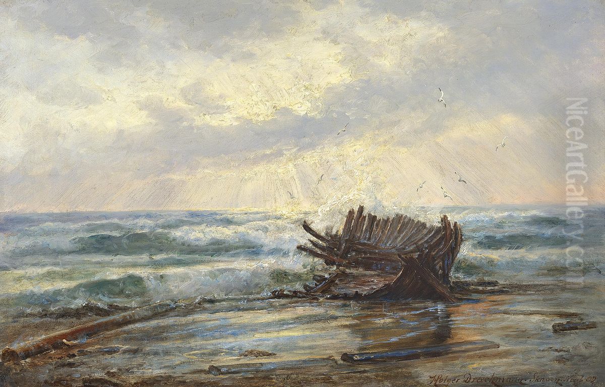 A wrecked ship on the beach. Oil Painting by Holger Drachmann