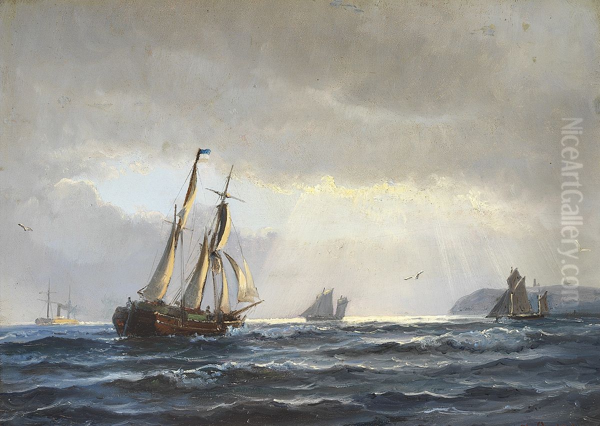 Sailing ships off a coast, the sun is breaking through the clouds. Oil Painting by Holger Drachmann