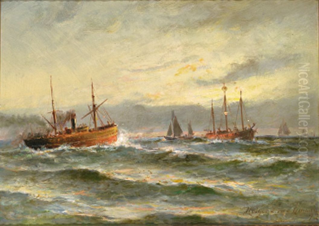 Ships around a lightship. Oil Painting by Holger Drachmann