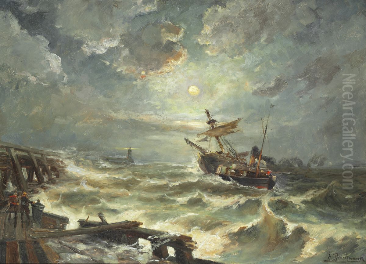 Coastal scene with moonlight and a ship in rough sea off the pier Oil Painting by Holger Drachmann