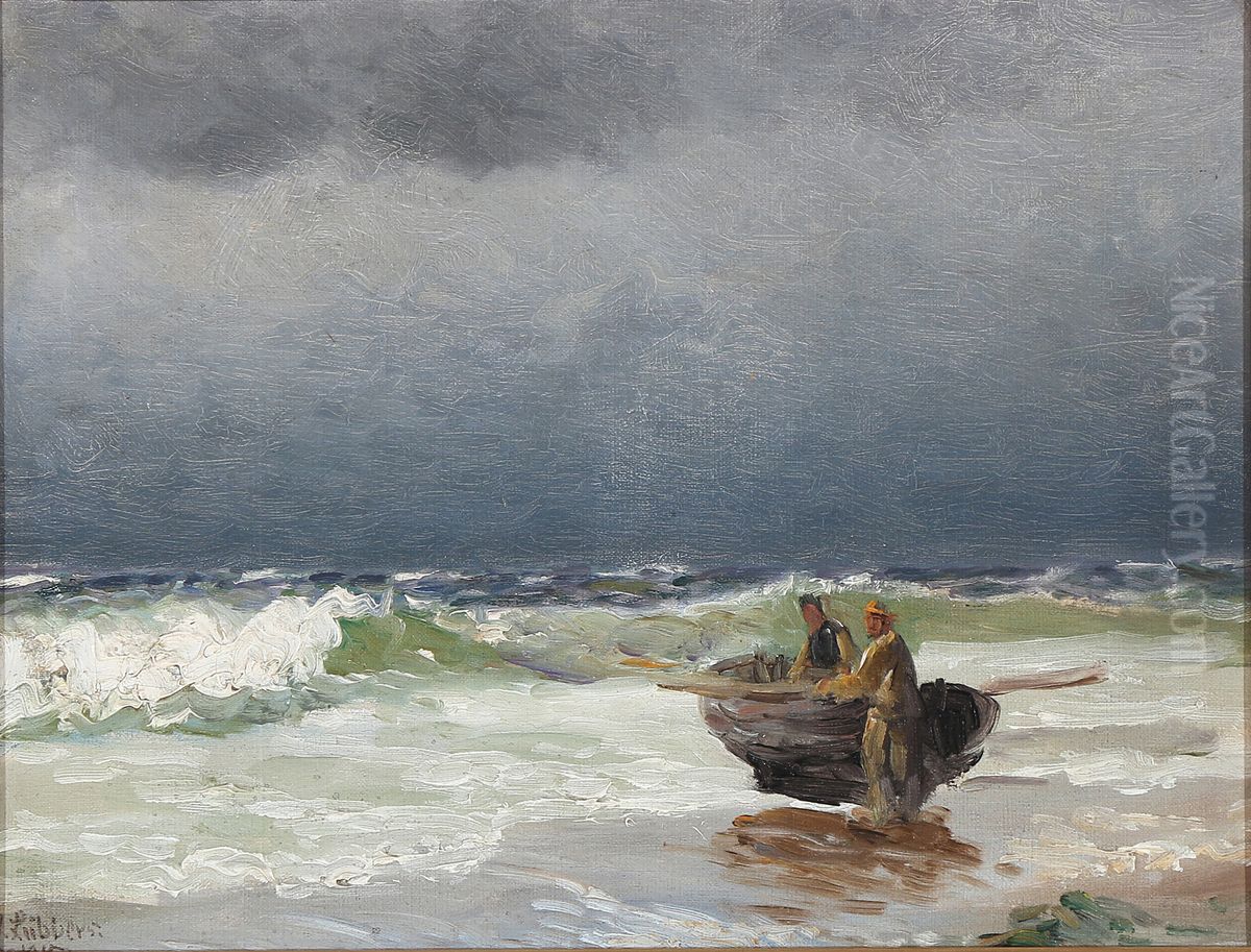 A stormy day with fishermen lauching a rowing boat. Oil Painting by Holger Lubbers