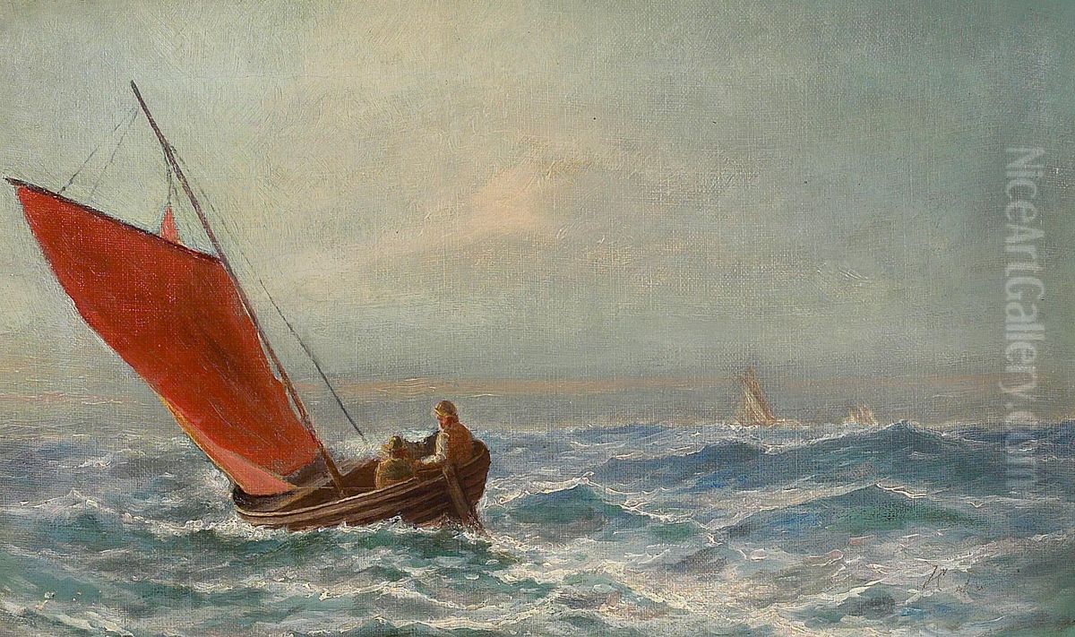 A fishing boat at sea. Oil Painting by Holger Drachmann
