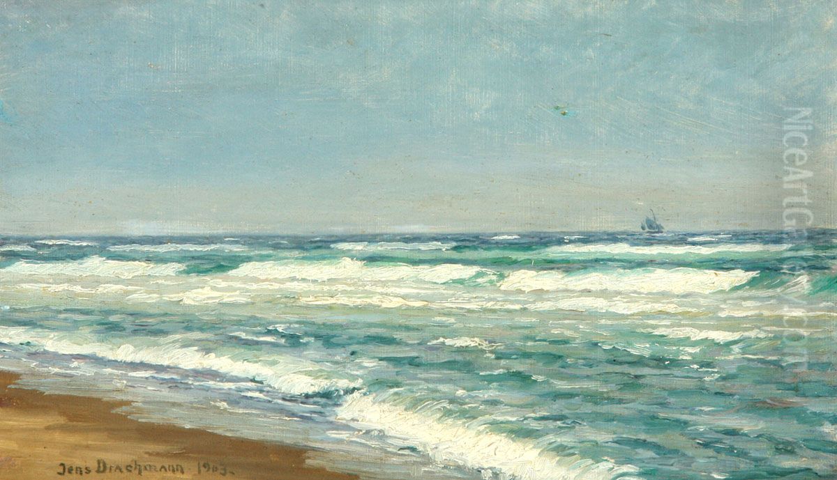 Coastal landscape with sailing ship near Skagen. Oil Painting by Jens Drachmann