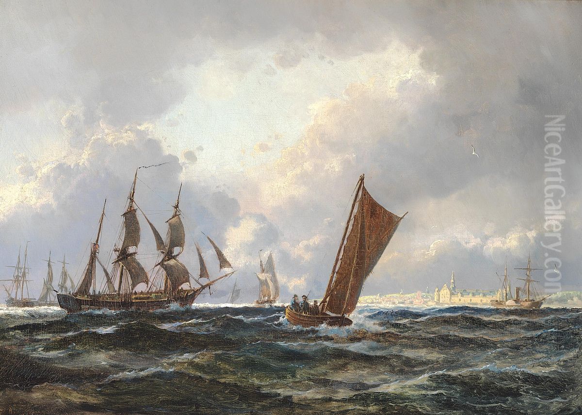 Sailing ships off Kronborg Castle. Oil Painting by Holger Drachmann
