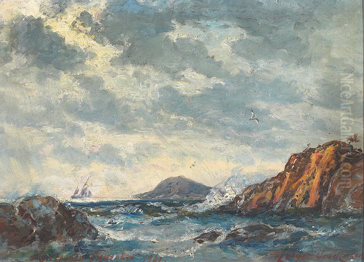 Skerries near Marstrand with a sailing ship. Oil Painting by Holger Drachmann