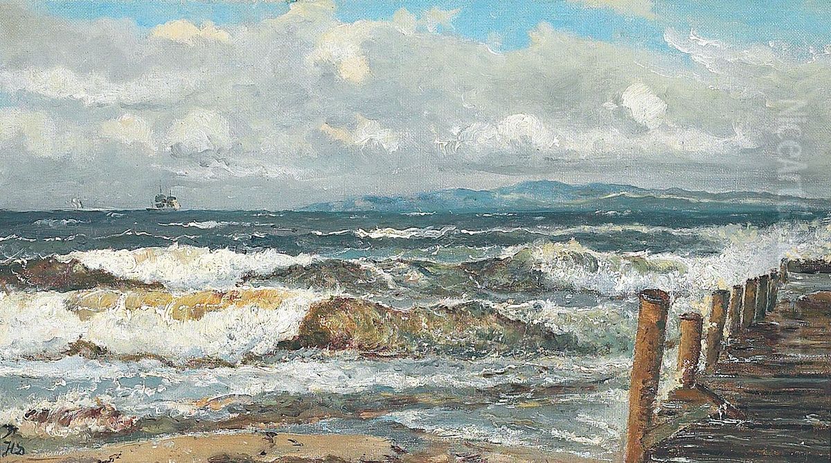A windswept coast with ships on the horizon. Oil Painting by Holger Drachmann