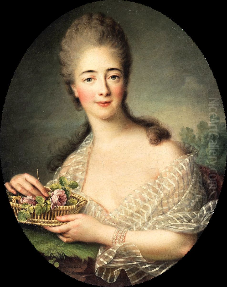 Portrait ofMadame du Barry(1743-1793) holding a woven basket of pink roses. Oil Painting by Francois-Hubert Drouais