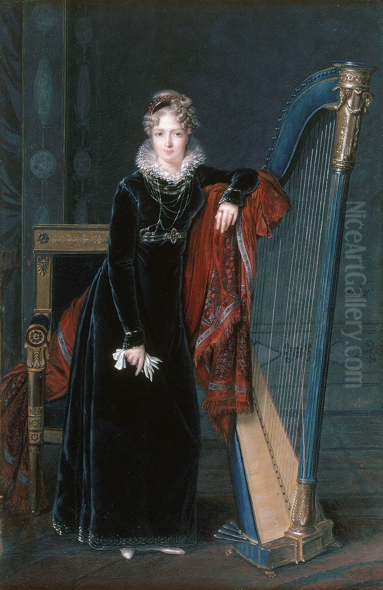Portrait en pied d'une jeune femme blonde, en robe de velours noir accoudee a une harpe Oil Painting by Louis-Francois Aubry