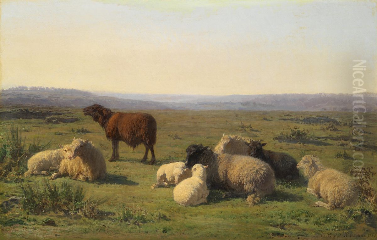 Moutons se reposant dans un pre Oil Painting by Juliette Bonheur