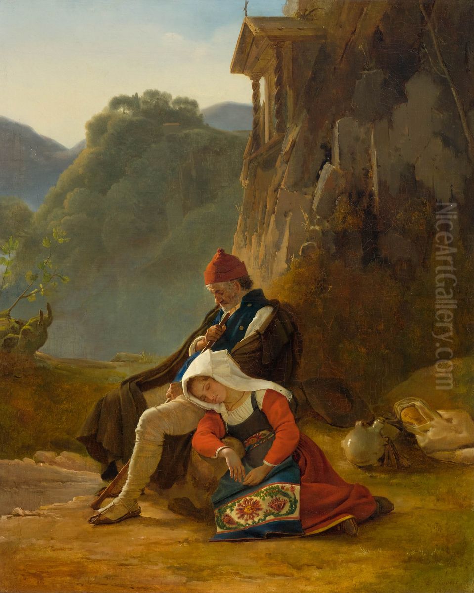 A shepherd and his sleeping daughter Oil Painting by Leopold Robert