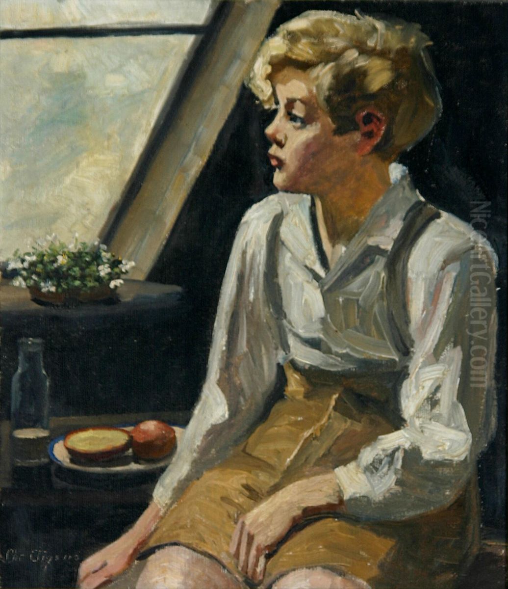 Boy looking out of a window. Oil Painting by Christian Aigens