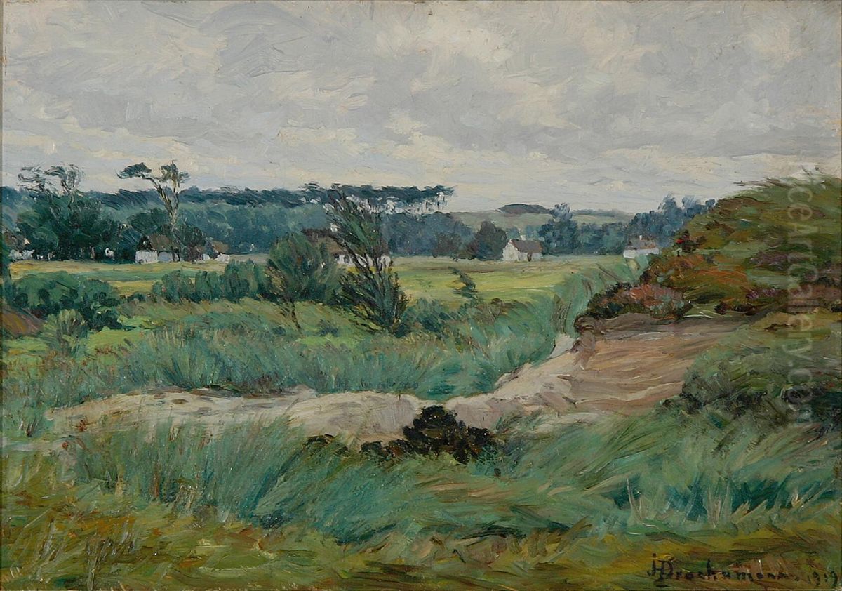 Landscape with houses in the background. Oil Painting by Jens Drachmann