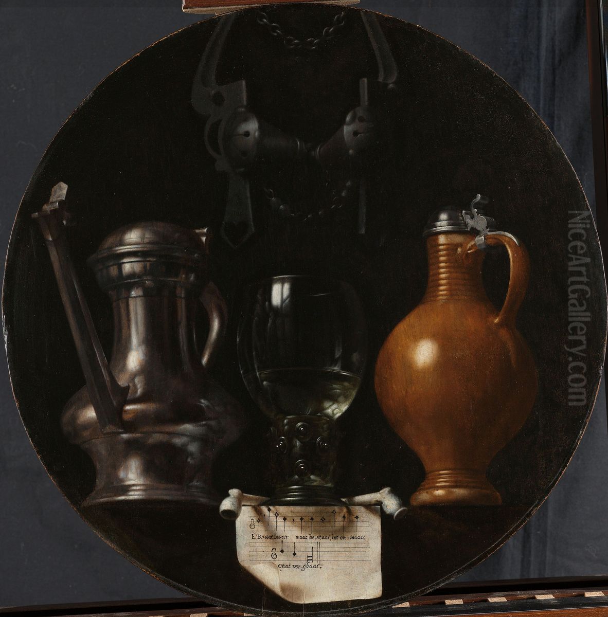 Emblematic Still Life with Flagon, Glass, Jug and Bridle Oil Painting by Johannes van der Beeck