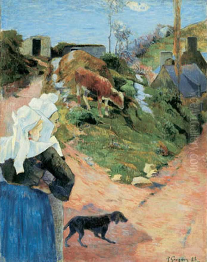 Bretonnes au tournant d'une route, ou Bretonnes et veau Oil Painting by Paul Gauguin