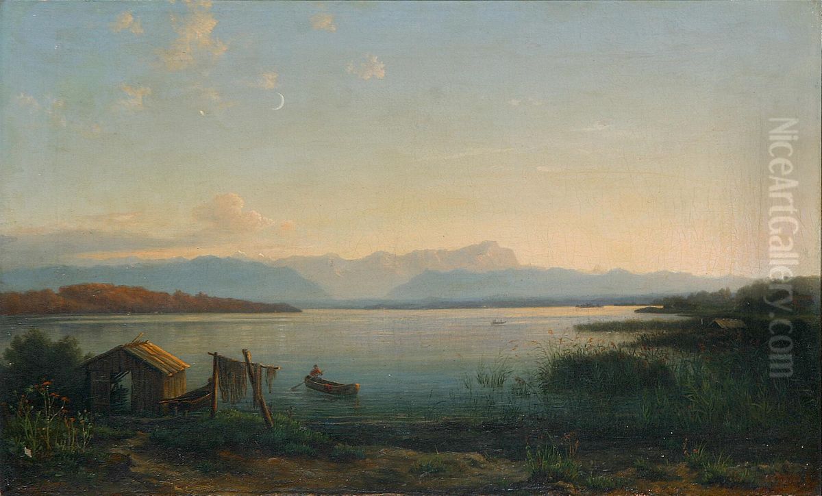 View of a lake with a man in a rowboat. Oil Painting by Wilhelm Xylander
