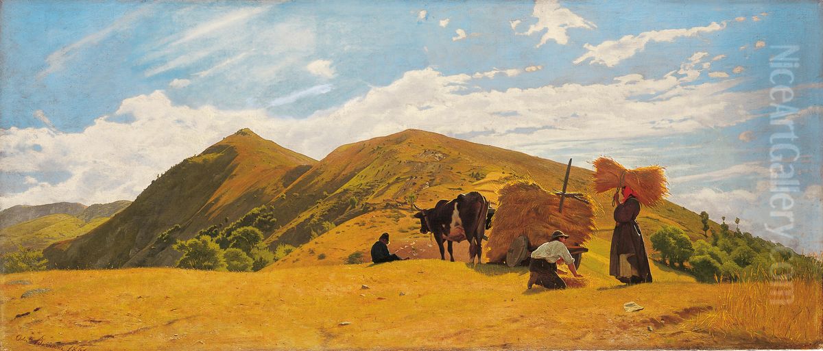 Wheat harvest in the mountains of San Marcello Pistoiese, fraction of San Marcello Piteglio Oil Painting by Odoardo Borrani