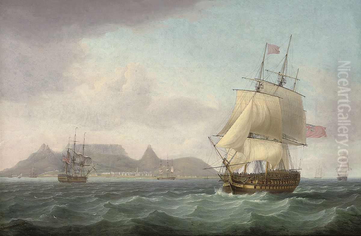 View of Cape Town, Table Bay, Cape of Good Hope, with a seventy-four gun ship lying-to for convoy Oil Painting by Thomas Whitcombe