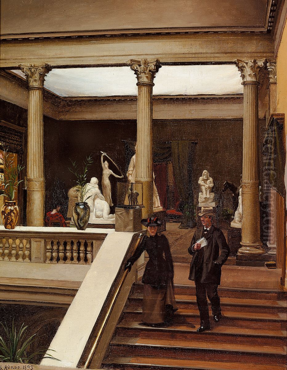 A young couple at the Charlottenbord Exhibition in 1893. In the background vases by Bindesboll and sculptures by Stephan Sinding. Oil Painting by Svend Ronne