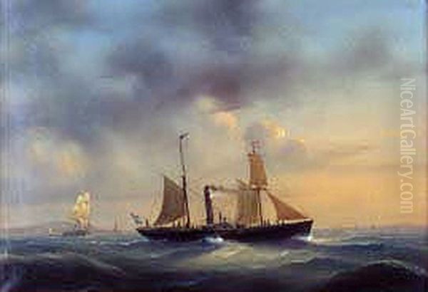 Paddle steamerSvithiodat sea, with all sails except foresail. Union flagg in the rear. Oil Painting by Per Wilhelm Cedergren