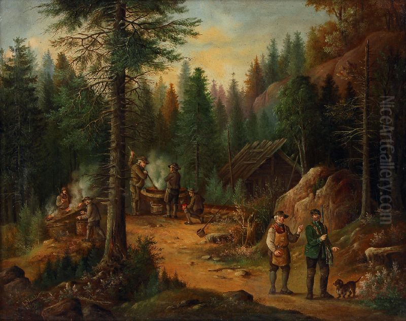Charcoal burners at Work Oil Painting by Albert Ernst Muhlig