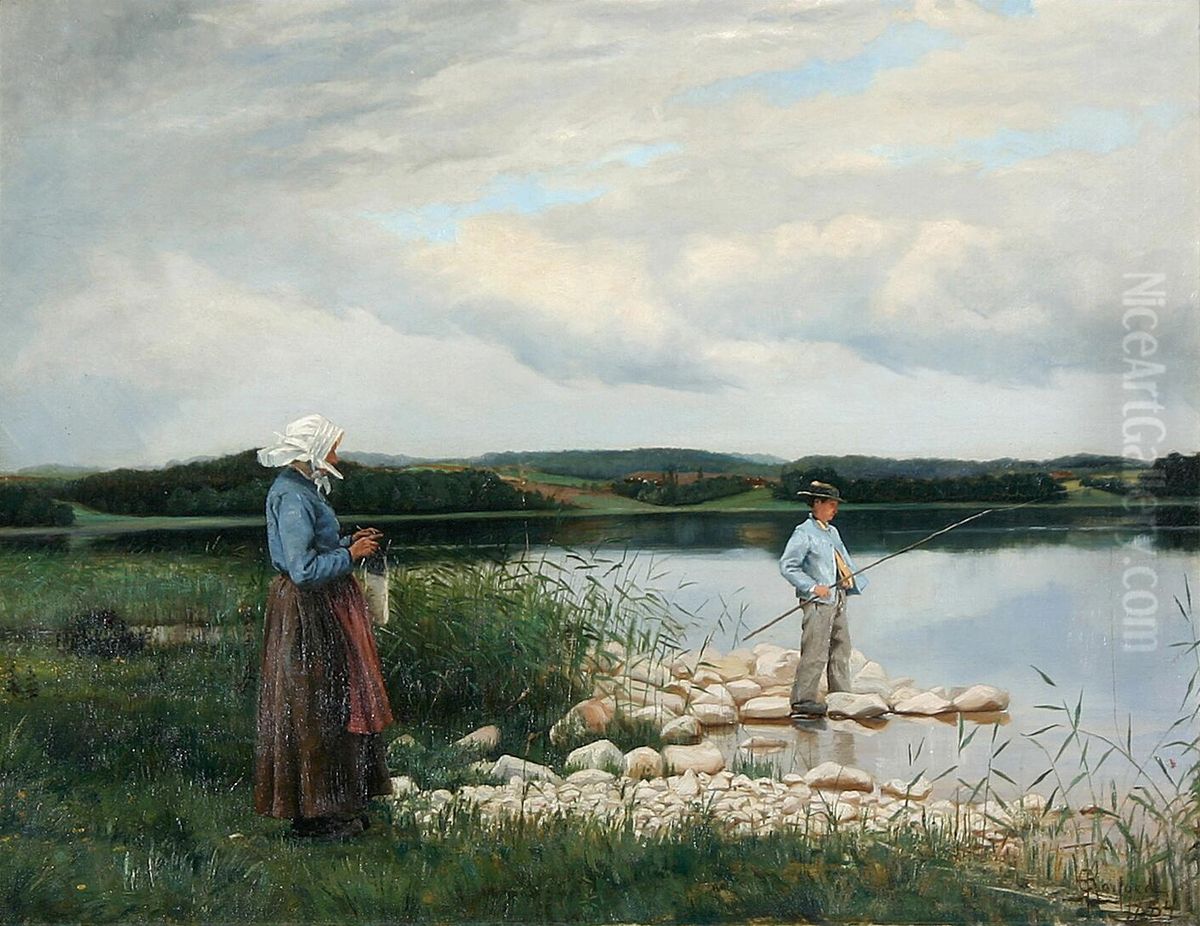 A lake scenery with a woman and a boy fishing. Oil Painting by H.C. Koefoed