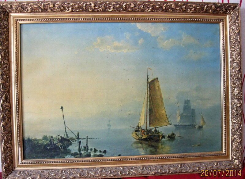 Fischerboote und grosses Segelboot bei abendlicher Ebbe Oil Painting by Johannes Hermanus Koekkoek Snr