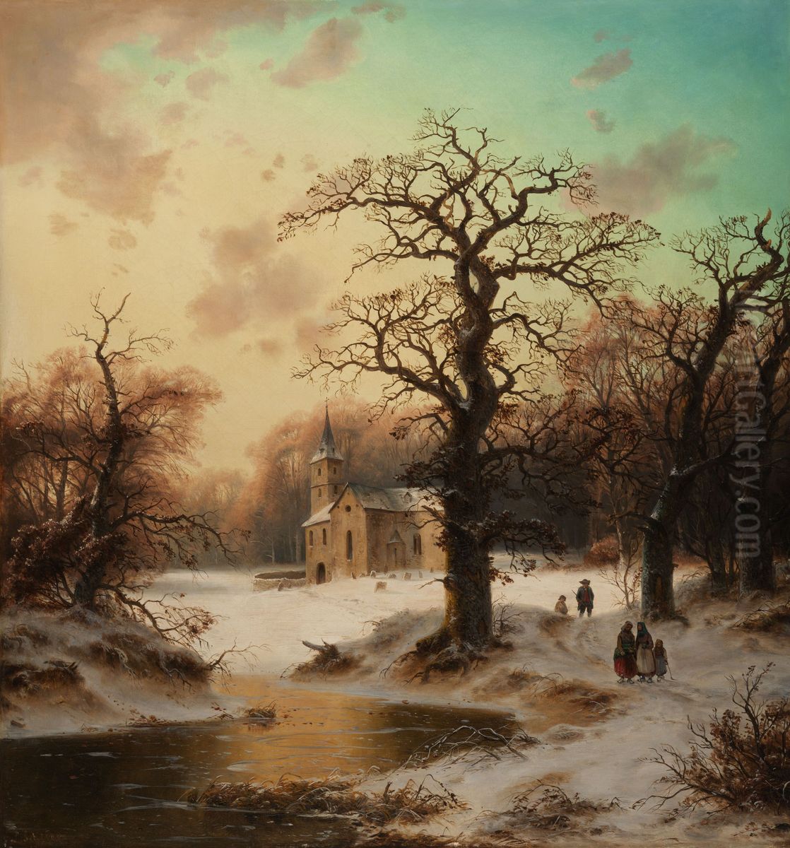 Winterlandschaft mit knorrigen Eichen vor einer Kirche Oil Painting by Ludwig Scheins