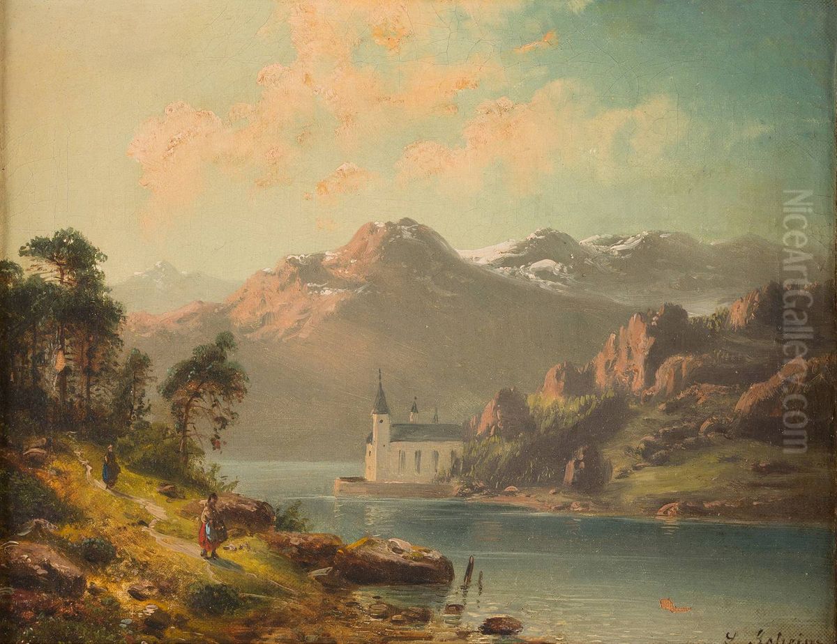 Alpine lake with chapel Oil Painting by Ludwig Scheins