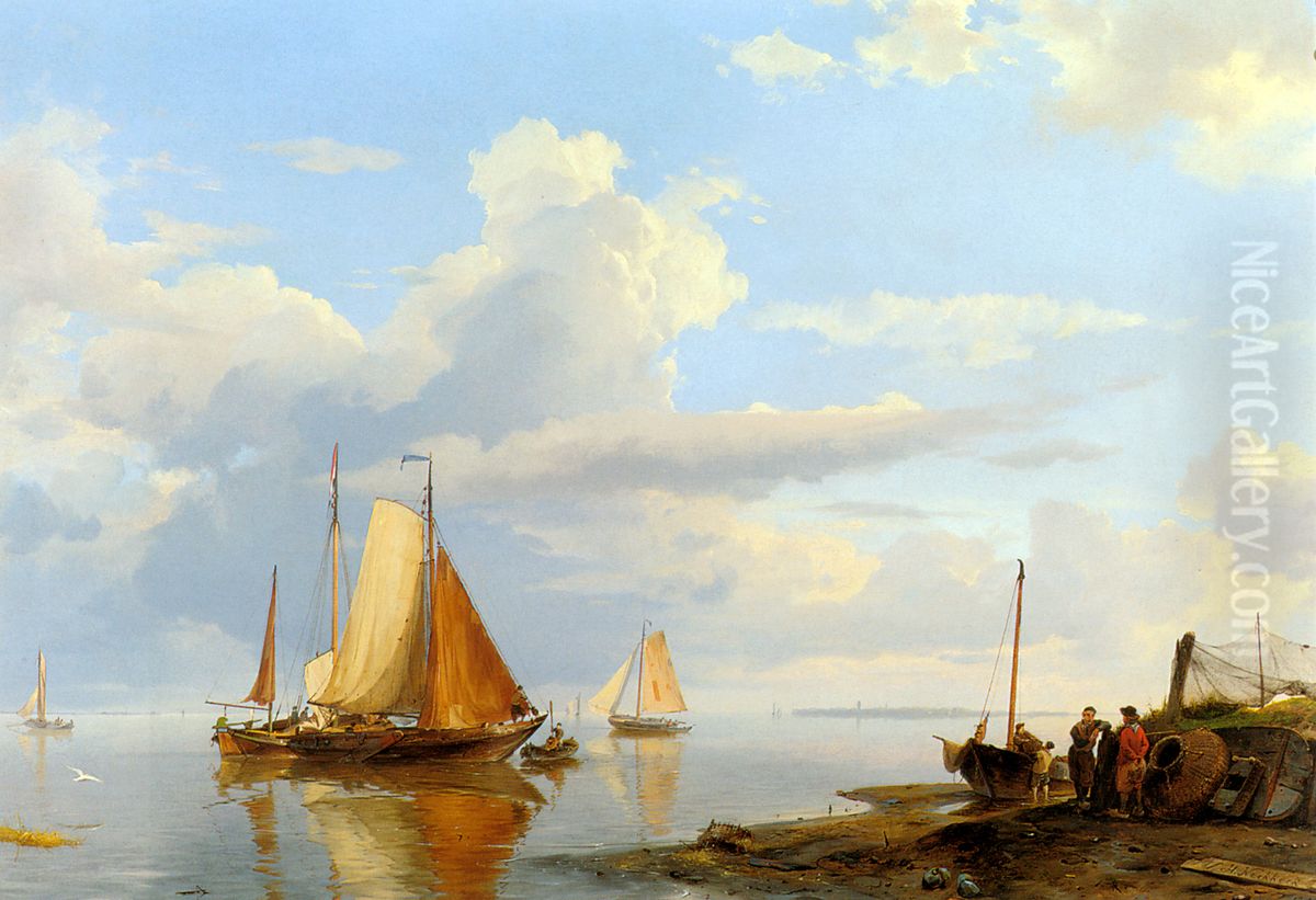 Figures coming ashore in a calm / Shipping in a calm Oil Painting by Hermanus Koekkoek