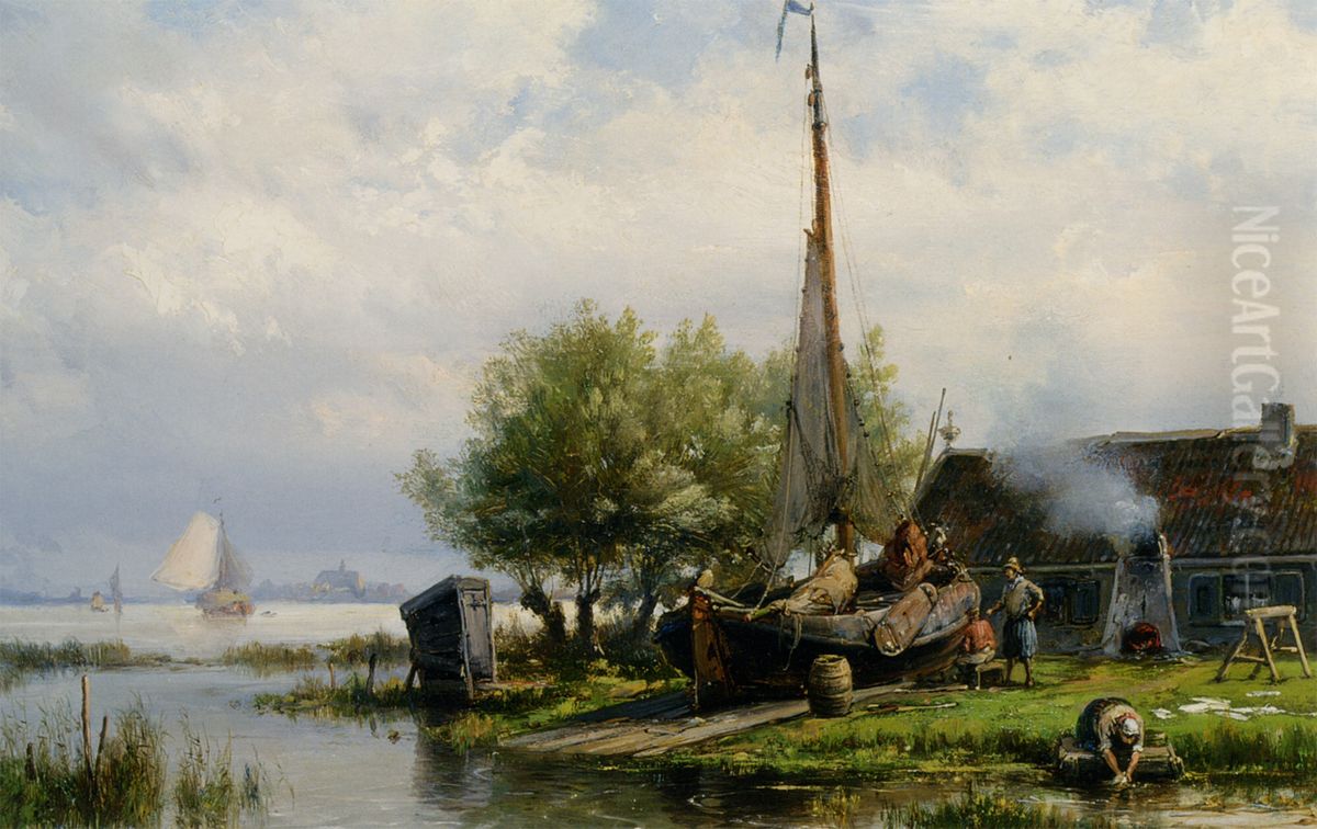 Figures at Work on a Shipyard Oil Painting by Hermanus Koekkoek the Younger