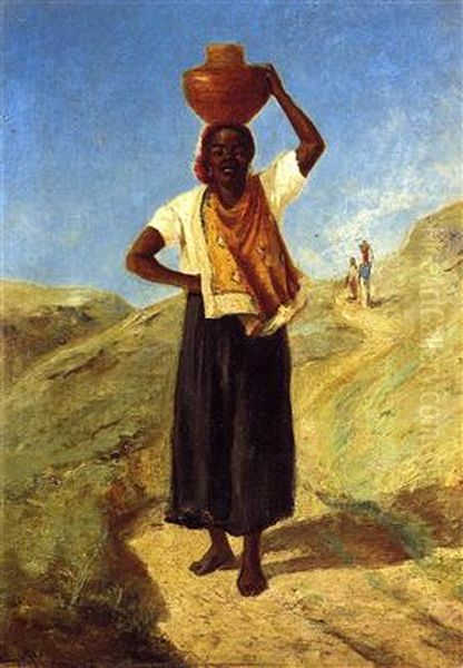 woman carrying a pitcher on her head Oil Painting by Camille Pissarro