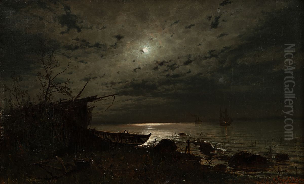 Moonlight over the Sea Oil Painting by Hjalmar Munsterhjelm