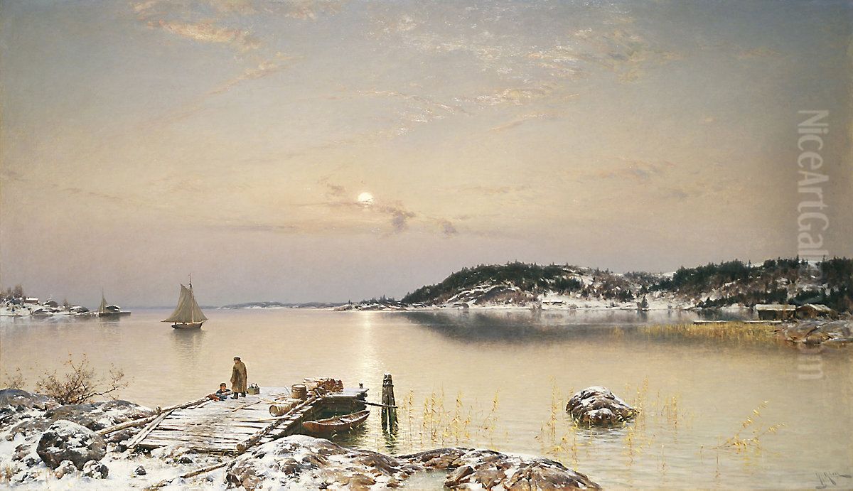 October Evening After the First Snowfall Oil Painting by Hjalmar Munsterhjelm