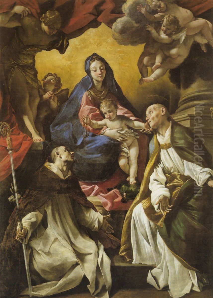 Madonna con il Bambino in trono con i Santi Domenico e Gennaro (gia Sant'Anselmo e Sant'Ugo o San Bruno) Oil Painting by Giovanni Lanfranco
