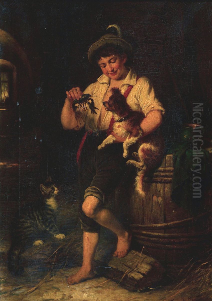 Boy with a Crawfish Oil Painting by Rudolf Epp