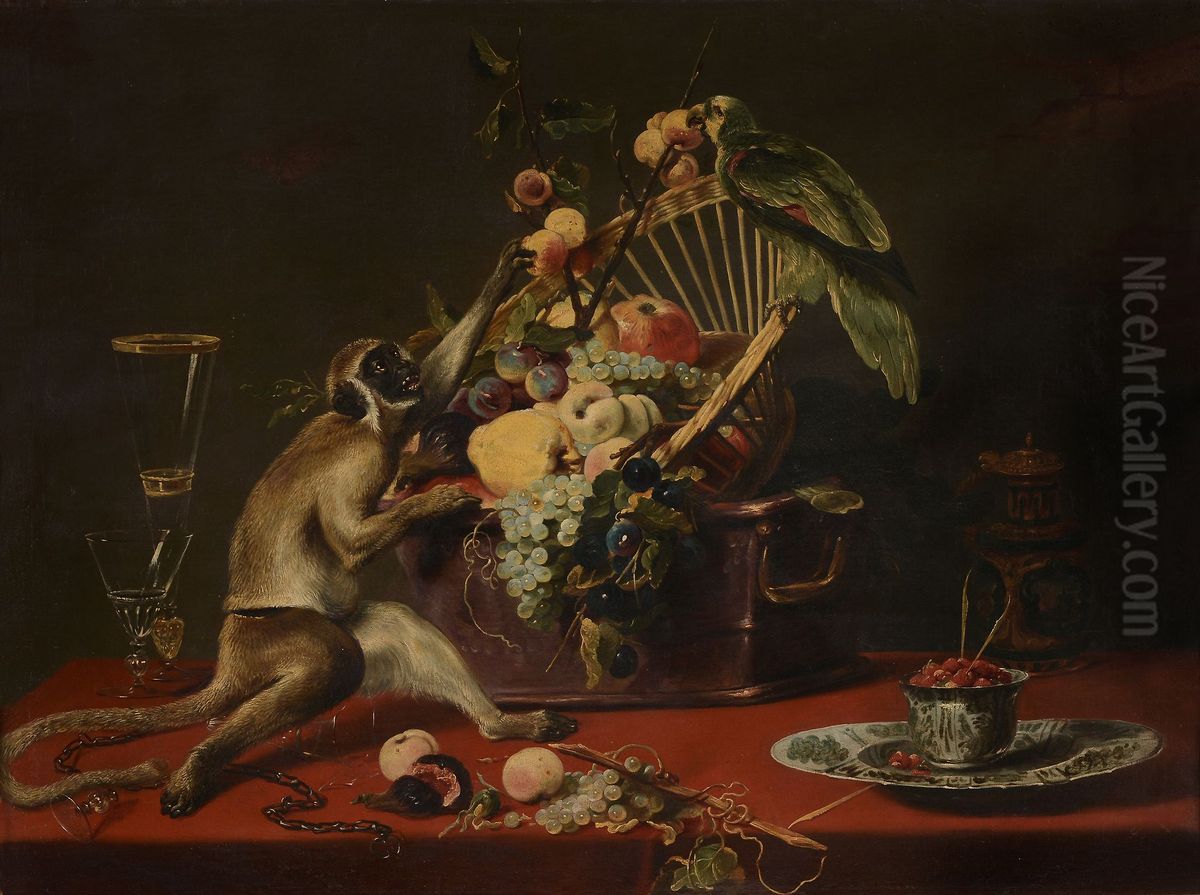 Still life with monkey seizing fruit from a basket with a parrot perched on top Oil Painting by Frans Snyders