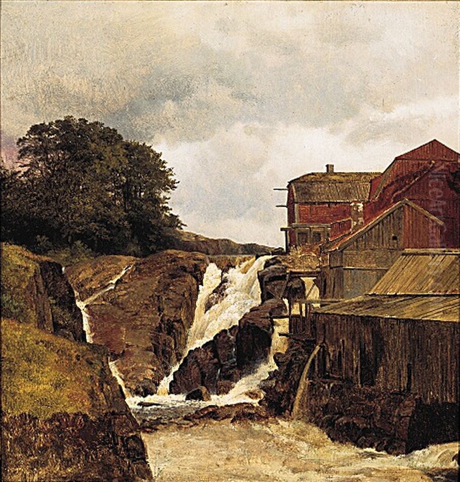Norwegian landscape with a sawmill at a river. Oil Painting by Frederik Sodring